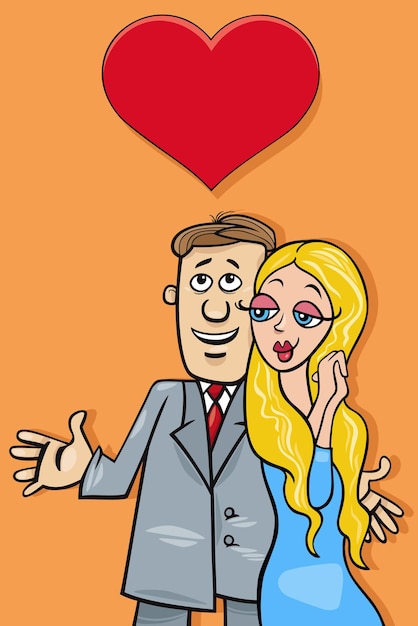 Vector valentines day greeting card cartoon illustration with funny couple in love