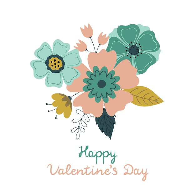 Valentines Day greeting card Floral beautiful bouquet and lettering Vector illustration