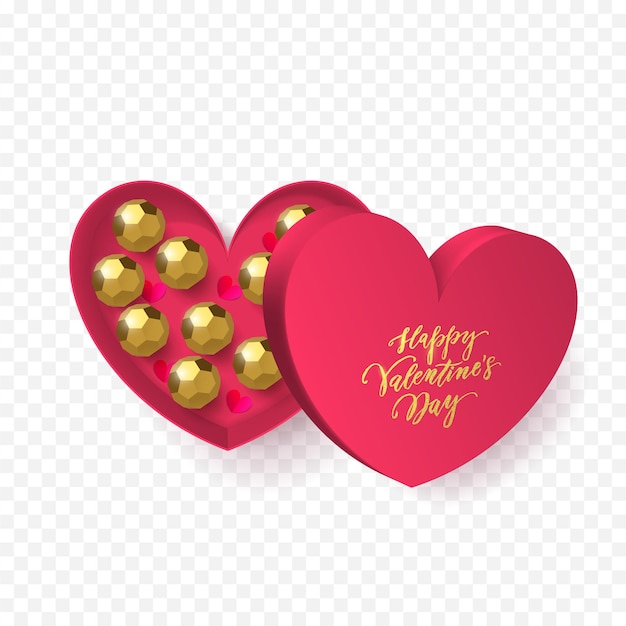 Biglietto di auguri di san valentino della decorazione della scatola regalo del cuore con caramelle al cioccolato in involucro dorato.