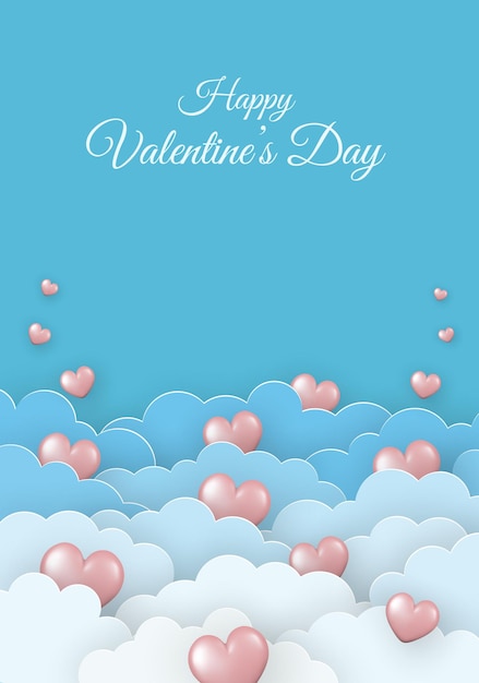 Valentines Day greeting card Paper clouds and pink 3d hearts on blue background