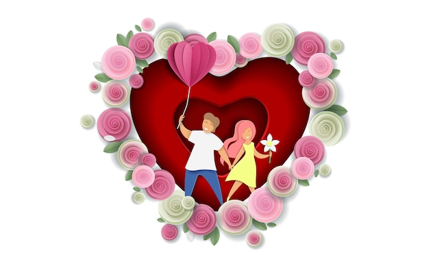 Valentines Day greeting card template vector paper cut illustration