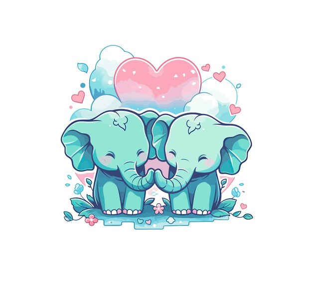 Vector valentines day greeting card with cute elephants and heart