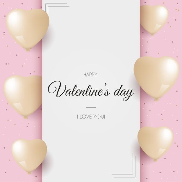 Valentines Day greeting card with golden balloons hearts Pink background with confetti vector illustration