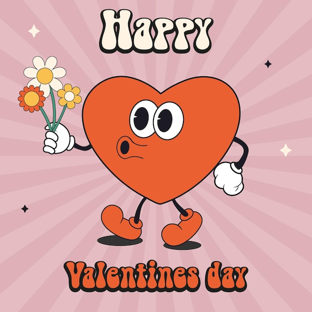 Vector valentines day greeting card with groovy heart holding daisy bouquet with editable text