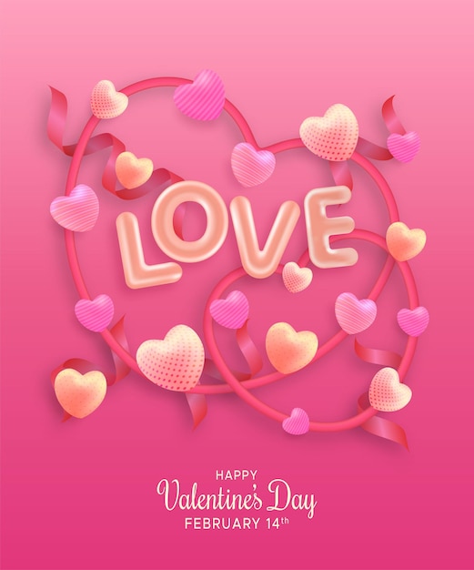 Valentines day greeting card with love shaped balloons in pink background