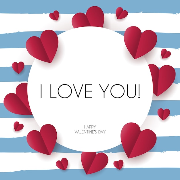 Valentines Day greeting card with paper cut red hearts I love you poster on the blue stripe background vector illustration