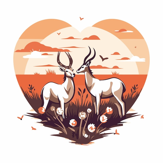 Valentines day greeting card with two antelopes in love Vector illustration