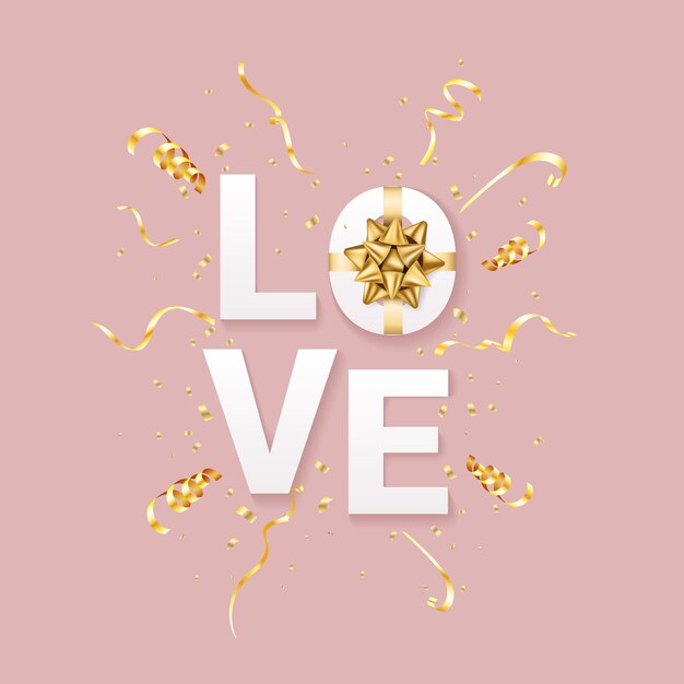 Vector valentines day greeting template. letters love with realistic golden bow and sparkles confetti on red background. realistic  .