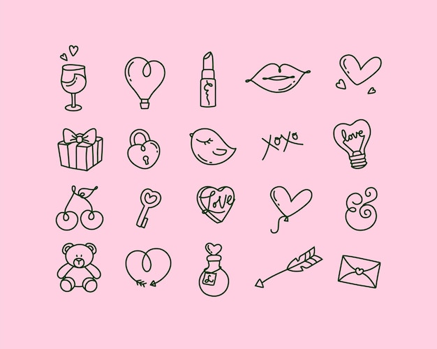 Valentines day hand drawn flat icons drawing on pink background.