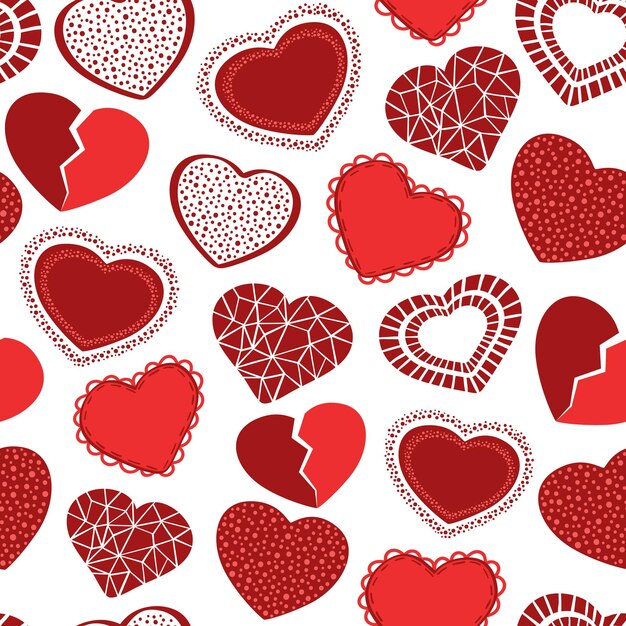 Valentines day hand drawn seamless pattern of cute hearts colorful romantic doodle sketch vector decorative illustration for greeting card wallpaper wrapping paper fabric