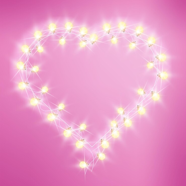 Vector valentines day heart-shaped love lights pink background with bulbs, garland.