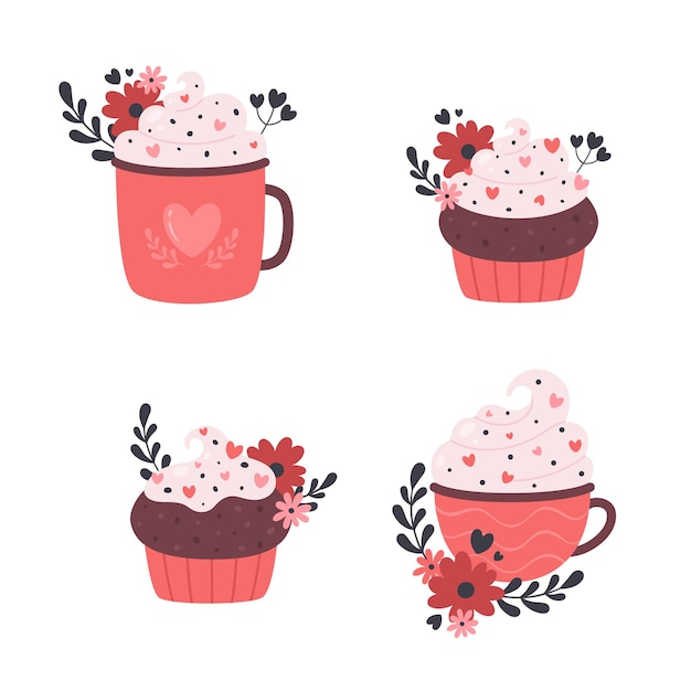 Valentines Day hot drinks with cupcakes. Coffee cups, muffins