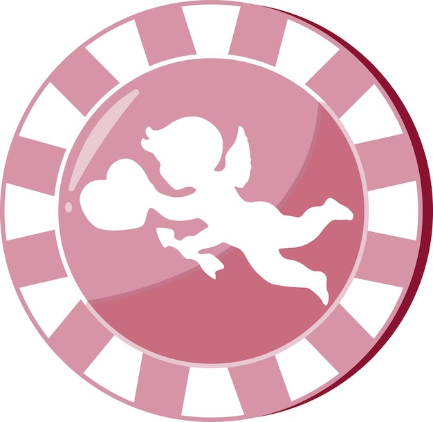 valentines day icon of pink casino poker chip with cupid print holding heart and cupids arrow