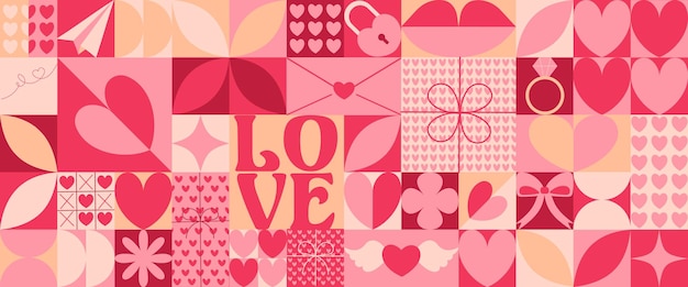 Vector valentines day icons elements with geometric pattern vector flat design for poster card