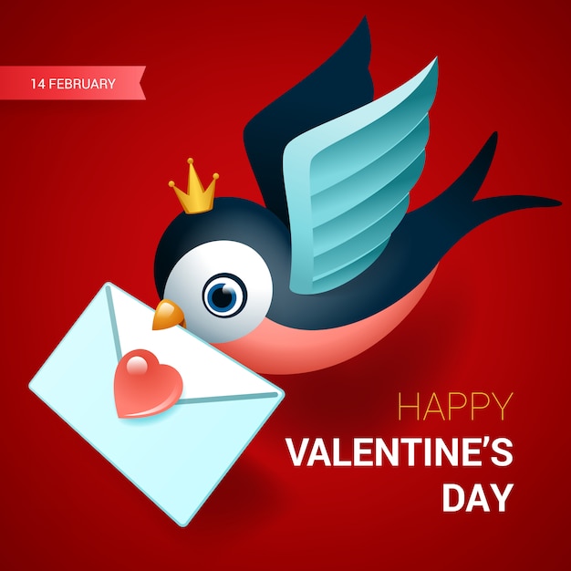 Valentines day illustration. Bird with love letter.