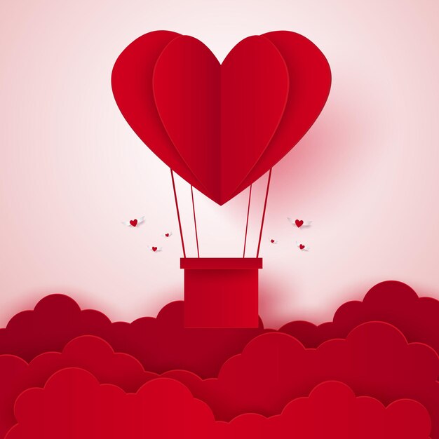 Vector valentines day  illustration of love hot air balloon in a heart shape flying on sky