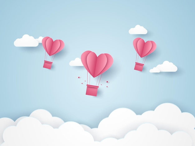 Valentines day Illustration of love pink heart hot air balloons flying in the blue sky