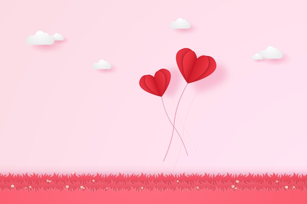 Valentines day , Illustration of love , red heart balloons flying on grass , paper art style