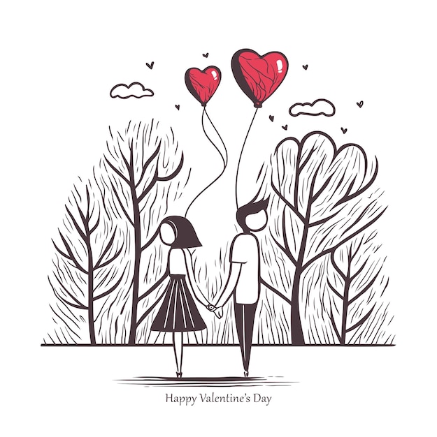 Valentines day illustration Lovers holding to red heart shaped balloons in the sky