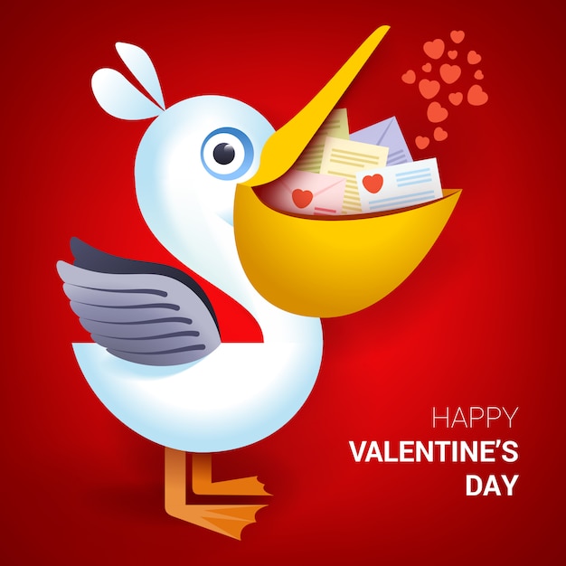 Valentines day illustration. Pelican holding envelope with heart