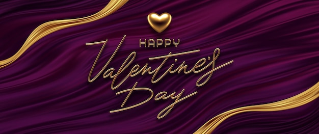 День Святого Валентина иллюстрации. Реалистичное золотое металлическое сердце и каллиграфия на фоне фиолетовых жидких волн.