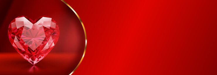 Vector valentines day illustration with big crystal faceted heart on red background golden strip and place for text