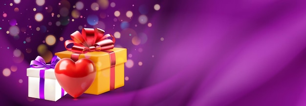 Valentines day illustration with big red heart and several colored gift boxes with ribbons and bows on a purple background with bokeh effect golden strip and place for text