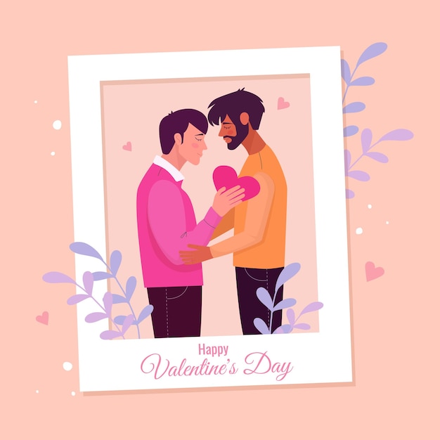 Valentines day illustration with hugging lovers in photo frame