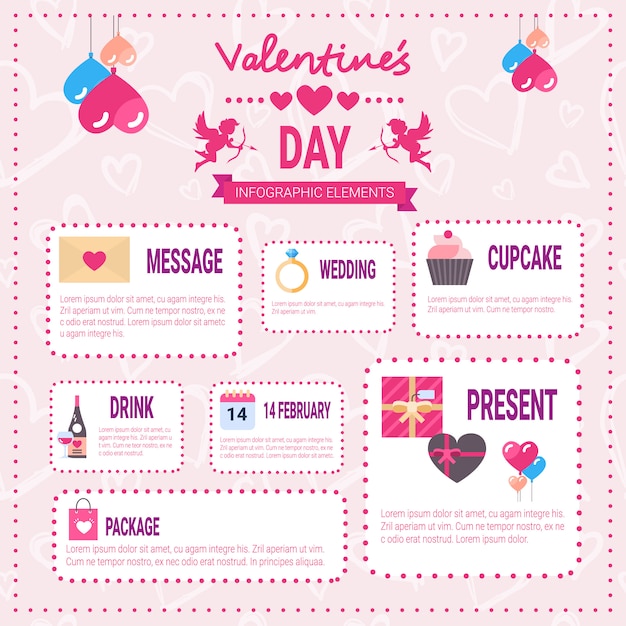 Icone degli elementi di infographic di giorno di biglietti di s. valentino sopra fondo rosa, grafico di informazioni di festa di amore