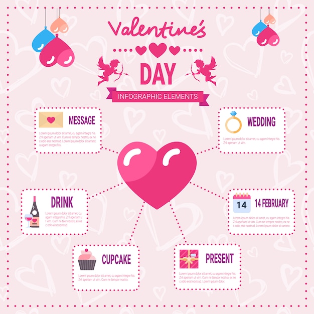 Insieme di infographic di san valentino delle icone degli elementi del modello sopra fondo rosa, grafico di informazioni di festa di amore
