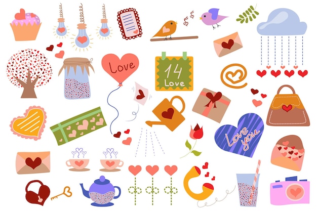 Insieme di elementi isolati di san valentino collezione di palloncini con lettere di uccelli con cupcake a forma di cuore regalo