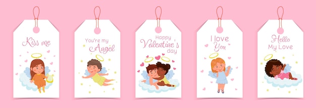 큐피드 어린이 천사와 격리 된 귀여운 글자와 발렌타인 데이 레이블 컬렉션