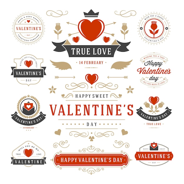 Valentines day labels and badges set hearts icons silhouettes for greetings cards