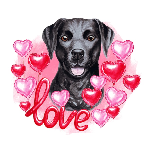 Vector valentines day labrador dog with hearts and love. watercolor illustration.