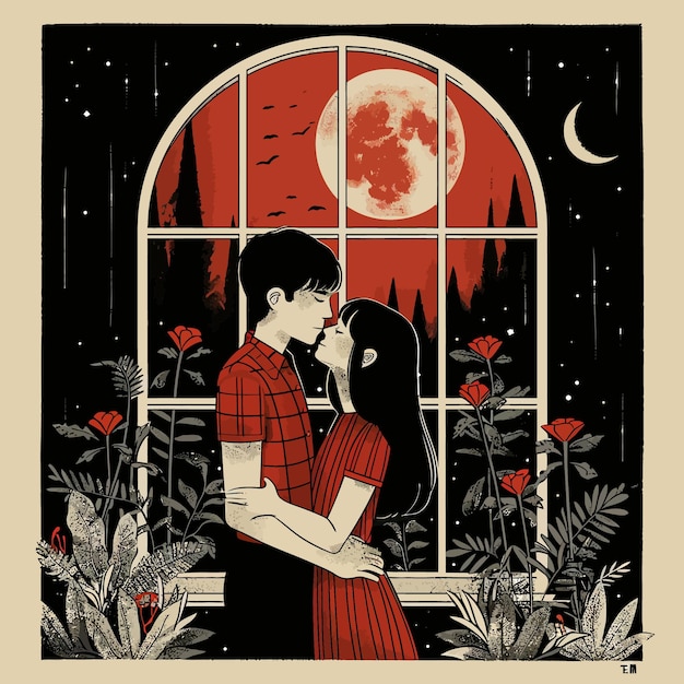 Vector valentines day love artwork illustration with red hearts and couple kissing