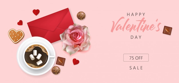 День Святого Валентина, любовная открытка, романтика, кофе, роза, шоколад, конверт и печенье, баннер для продажи, концепция любви