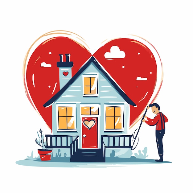 Vettore valentine's day love concept coppia innamorata con un grande cuore rosso illustrazione vettoriale