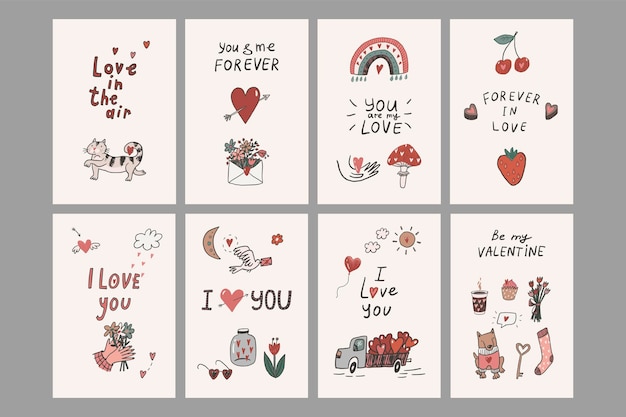 valentines day love doodle objects illustrations set