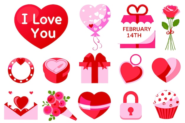 Valentines Day Love Icons with Hearts Gifts and Romantic Symbols