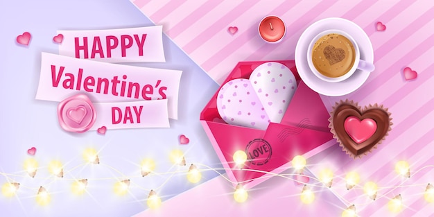 Valentines Day love romantic greeting card with pink opened envelope, coffee cup, cupcake. Vector holiday sale, offer or gift banner with garland lights, hearts. Date breakfast Valentines Day card