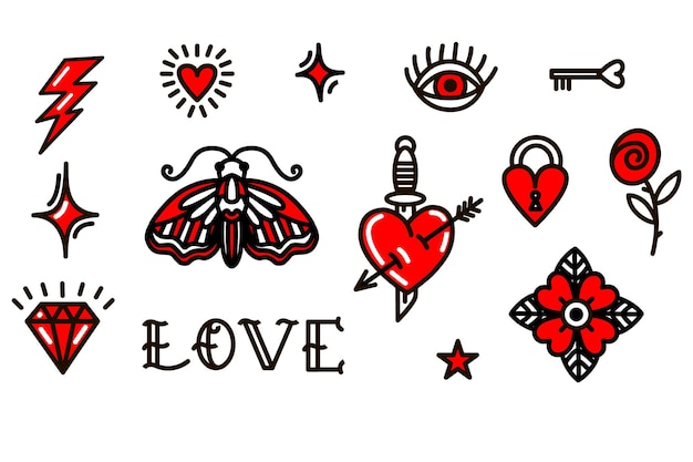 Valentines day love symbols in old school style