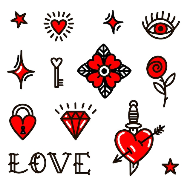 Valentines Day love symbols in old school style. 