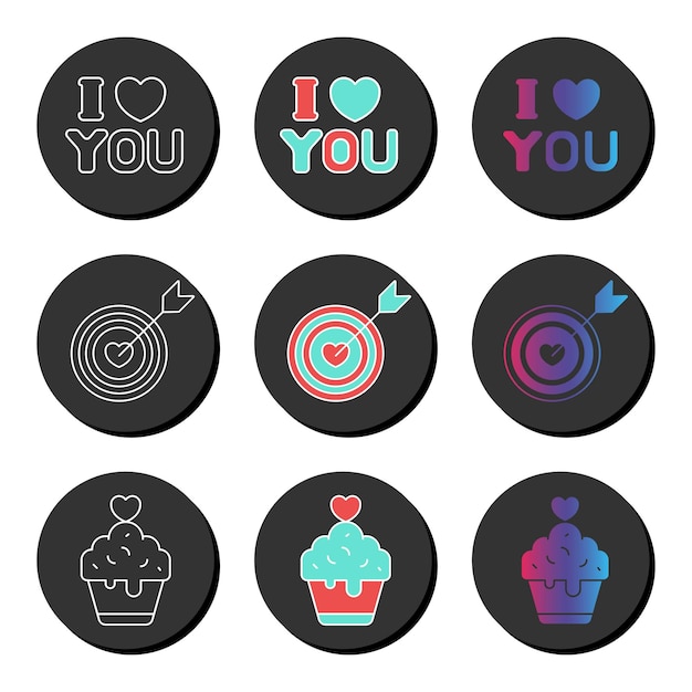 다양한 스타일의 Ui ux 요소 기호로 설정된 발렌타인 데이 및 사랑 범용 아이콘