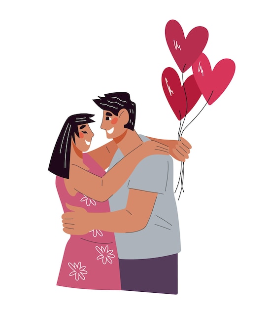 Valentines day loving romantic couple hugging and exchanging gifts flat vector