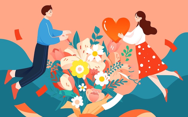 Valentines day man and woman expressing love to each other with bouquet in the middle vector