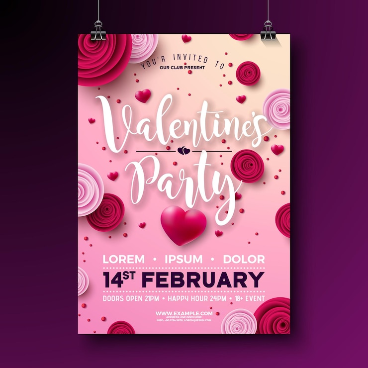 Vector valentines day party flyer design with rose flower and red heart on pink background vector saint