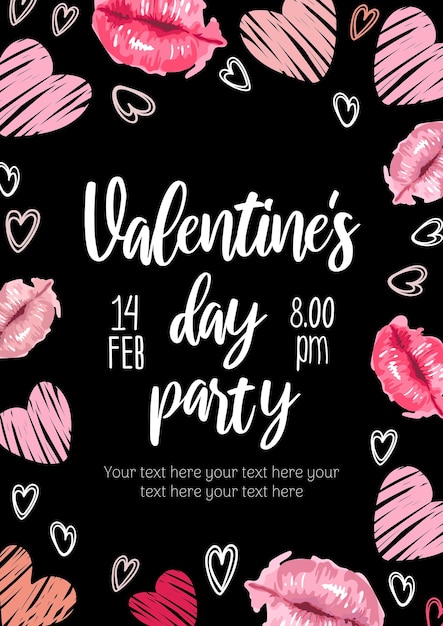 Valentines day, party invitation. lips in a watercolor style, hearts lettering kiss. daring bright modern pattern, graffiti. on black background. for advertising banner, poster, flyer