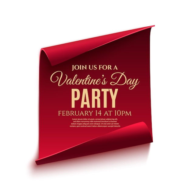 발렌타인 파티 포스터 템플릿입니다. 빨간색, 곡선, 종이 배너 흰색 배경에 고립.