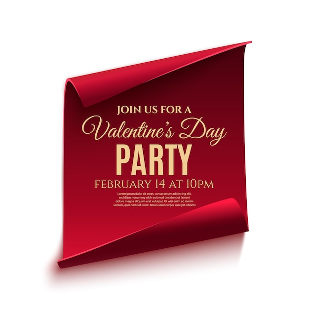 Valentines day party poster template. Red, curved, paper banner isolated on white background. 