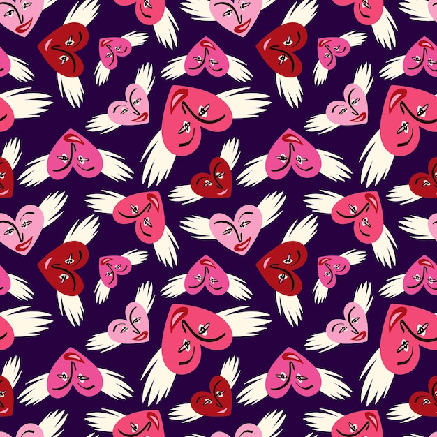 Vector valentines day pattern with angels funky hearts groovy cute love characters